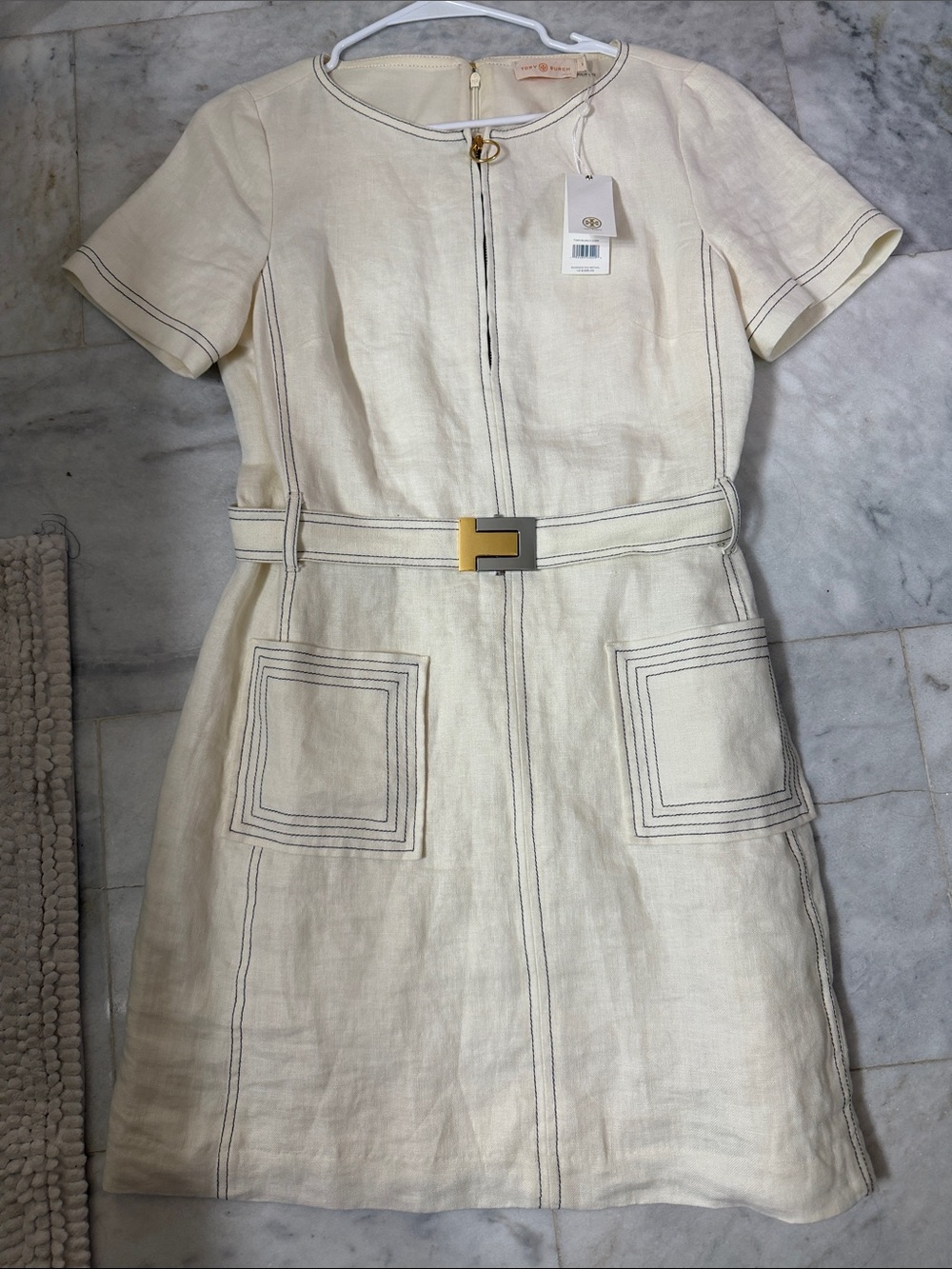 Tory Burch Linen Shift Dress with Belt in Cream Size 8 NWT